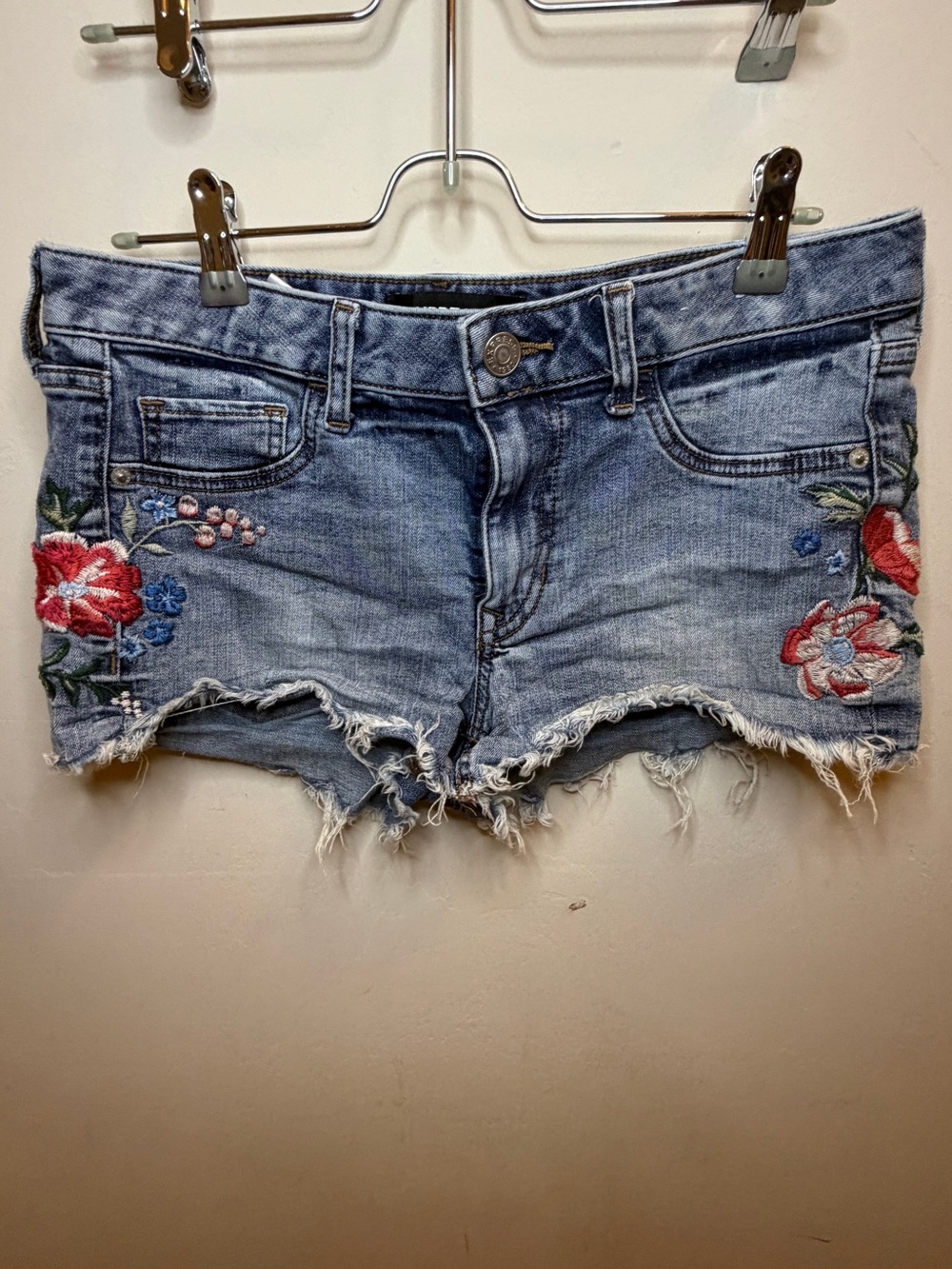 Express Light Wash Denim Shorts with Red Floral Embroidery